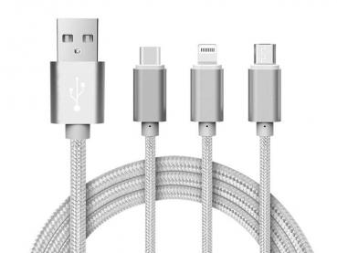 Reekin 3 in 1 Ladekabel (USB Micro, USB Type-C & Lightning) - 1,2 Meter (Silber-